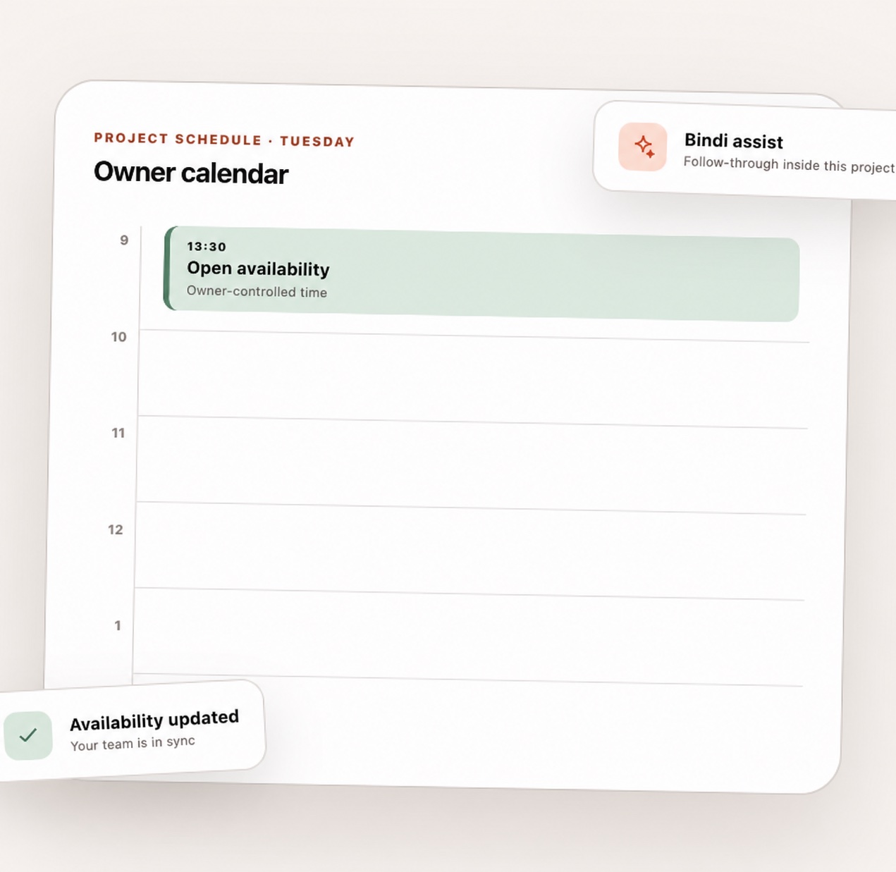 Scheduler owner calendar showing owner-controlled availability and Bindi assistance